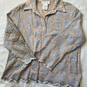 Soft Surroundings Beige and Blue Floral Blouse